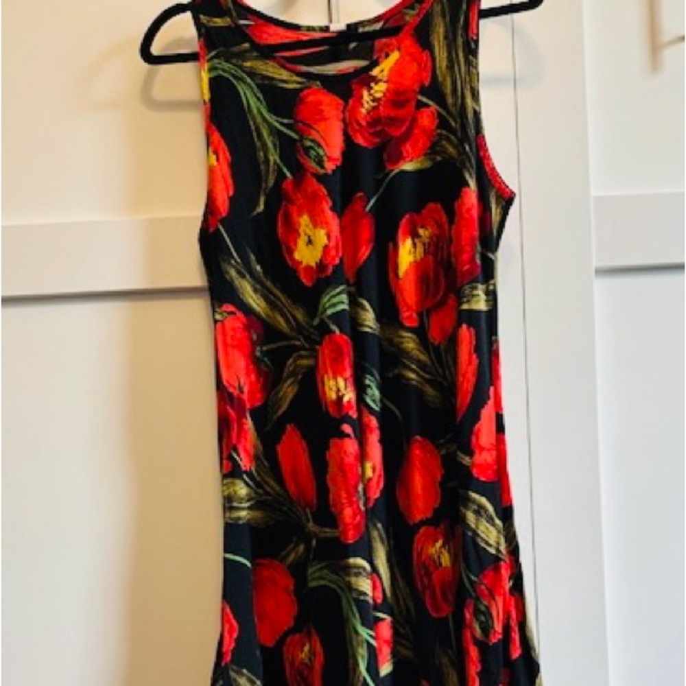 TULIP Dress Midi S/L Cheerful Black Red Green Cotton Spandex EUC Sz L XL